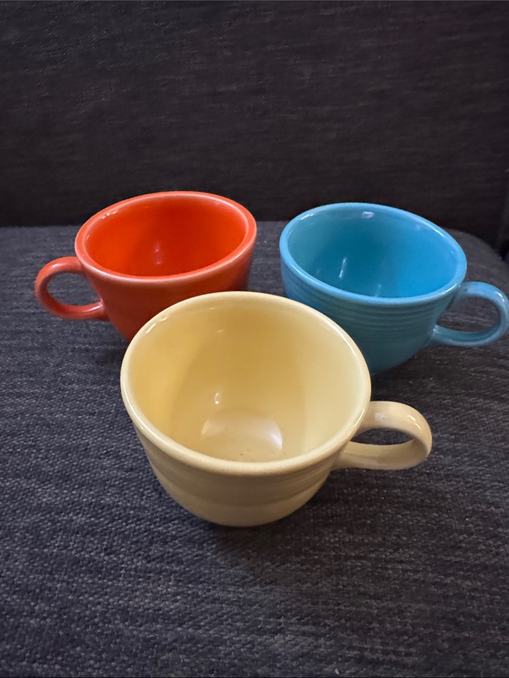 Vintage Homer Laughlin Fiesta Coffee Cups Set in Yellow, Blue, and Orange